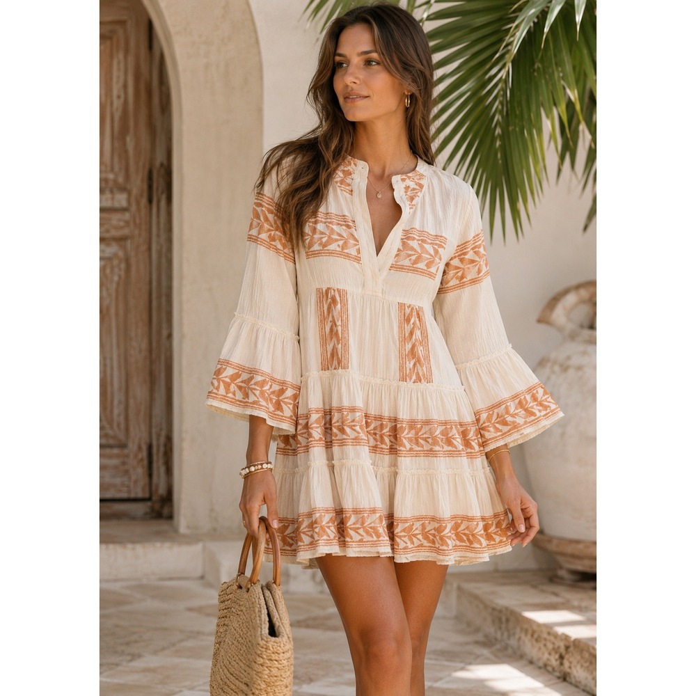 Pearl & Caviar Zakar Cotton Embroidered Tiered Mini Dress Orange‎ White- S/M